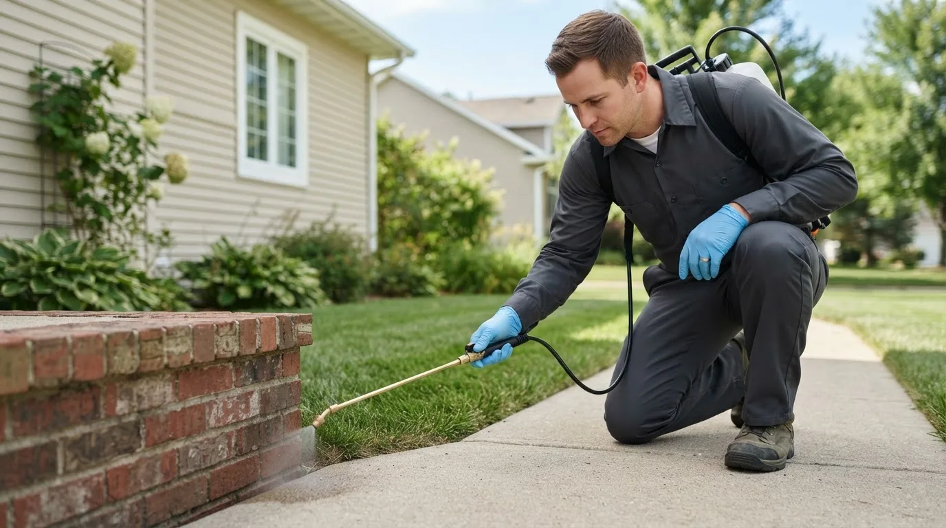 Pest control technician treating a home near Damariscotta, ME
